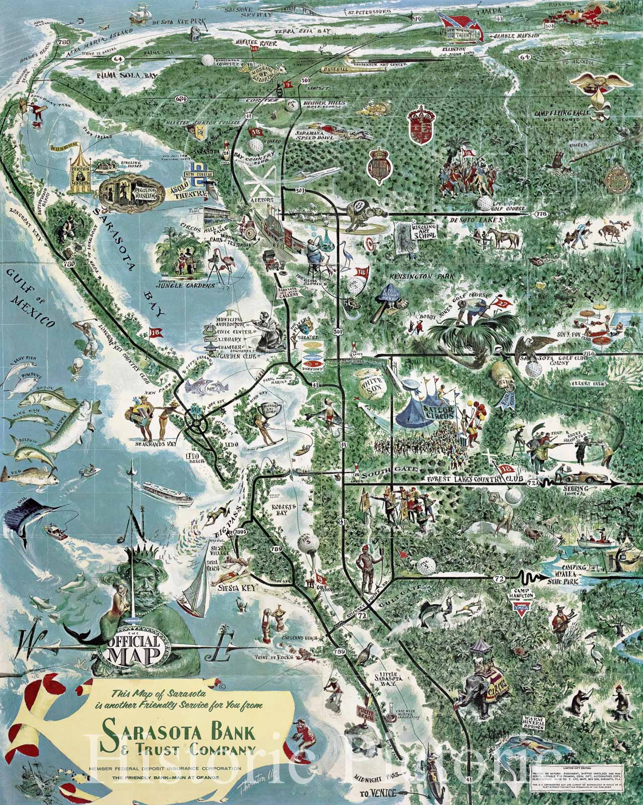 Historic Map : Sarasota C of C official map  Sarasota Bank and Trust Company, 1972 , Vintage Wall Art