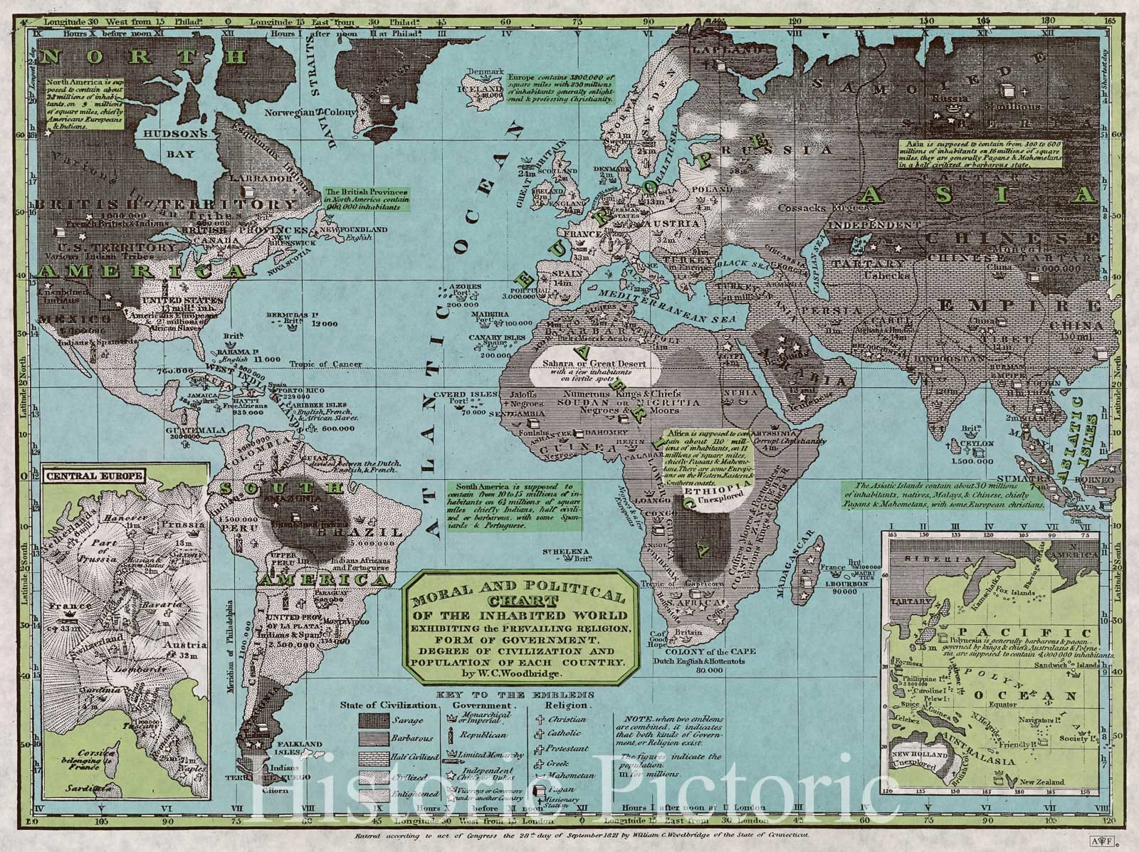Historic Map : Moral and Political Chart of the Inhabited World exhibiting the Prevailing Religion, Form of Government, Degree of Civilization and Population, 1821 , Vintage Wall Art