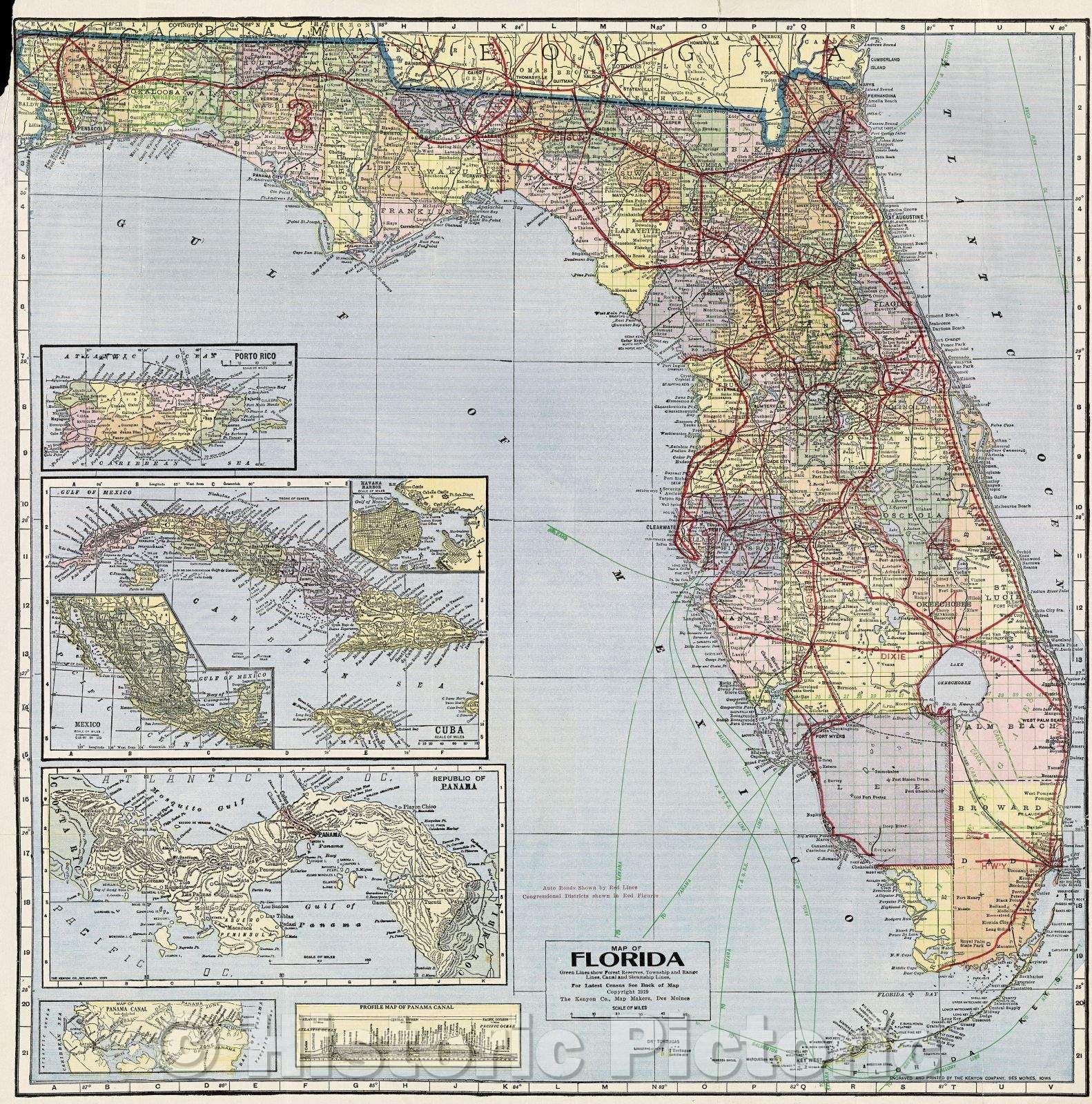 Historic Map : Map of Florida, 1919 , Vintage Wall Art