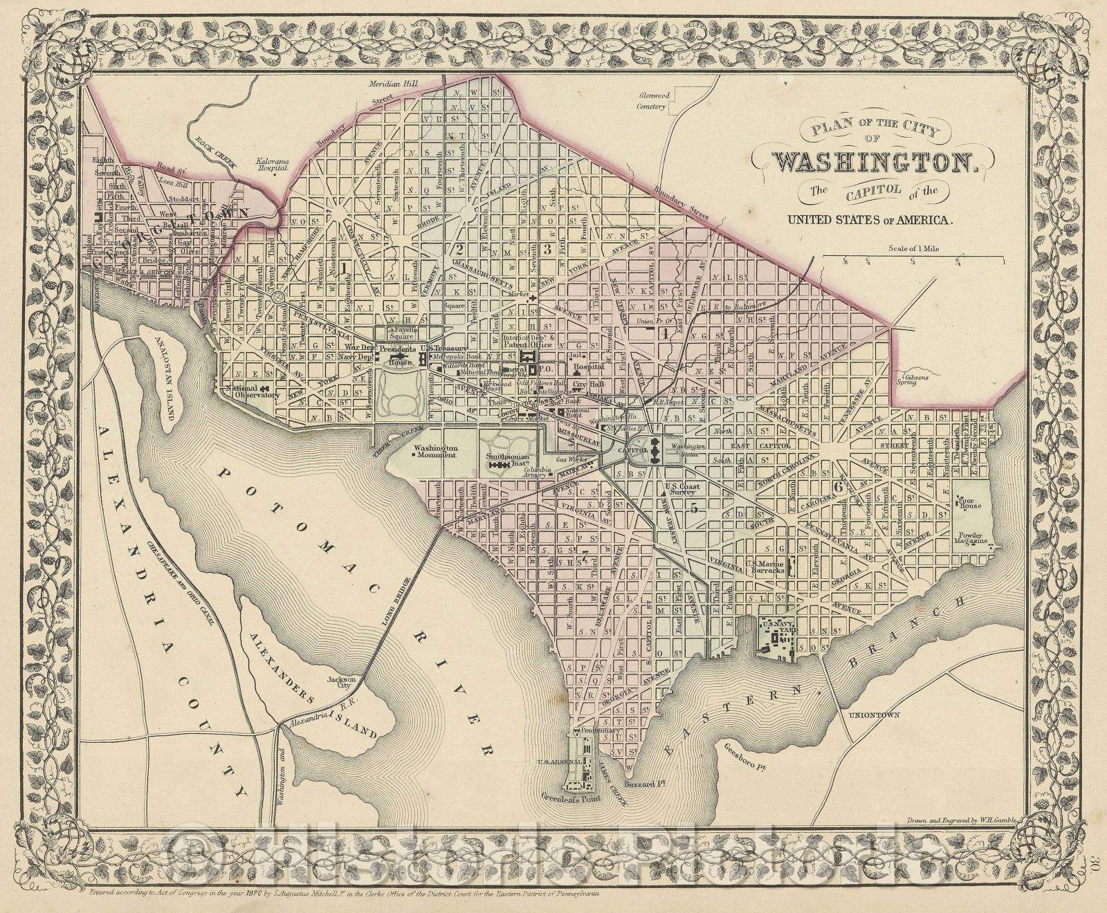 Historic Map : Plan of the city of Washington : the capitol of the United States of America, 1870 , Vintage Wall Art