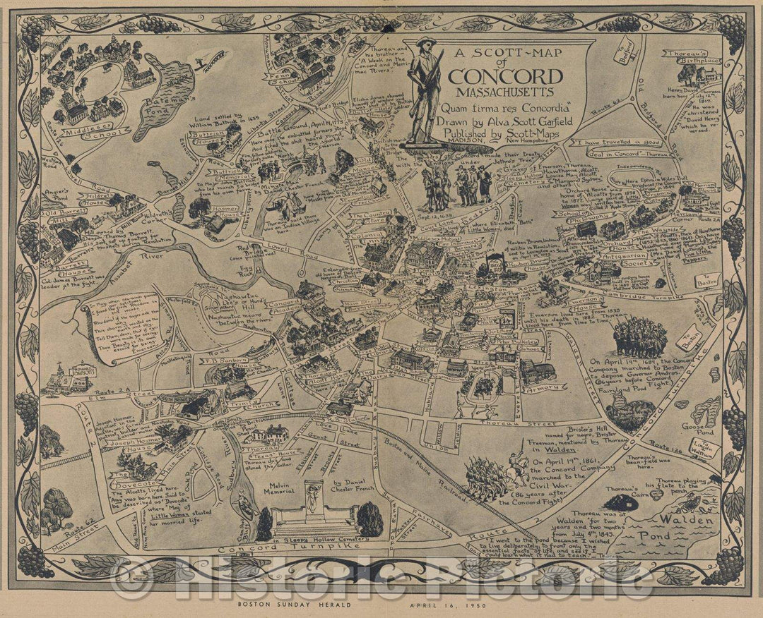 Historic Map : A Scott-Map of Concord Massachusetts "Quam firma res Concordia", 1950 , Vintage Wall Art