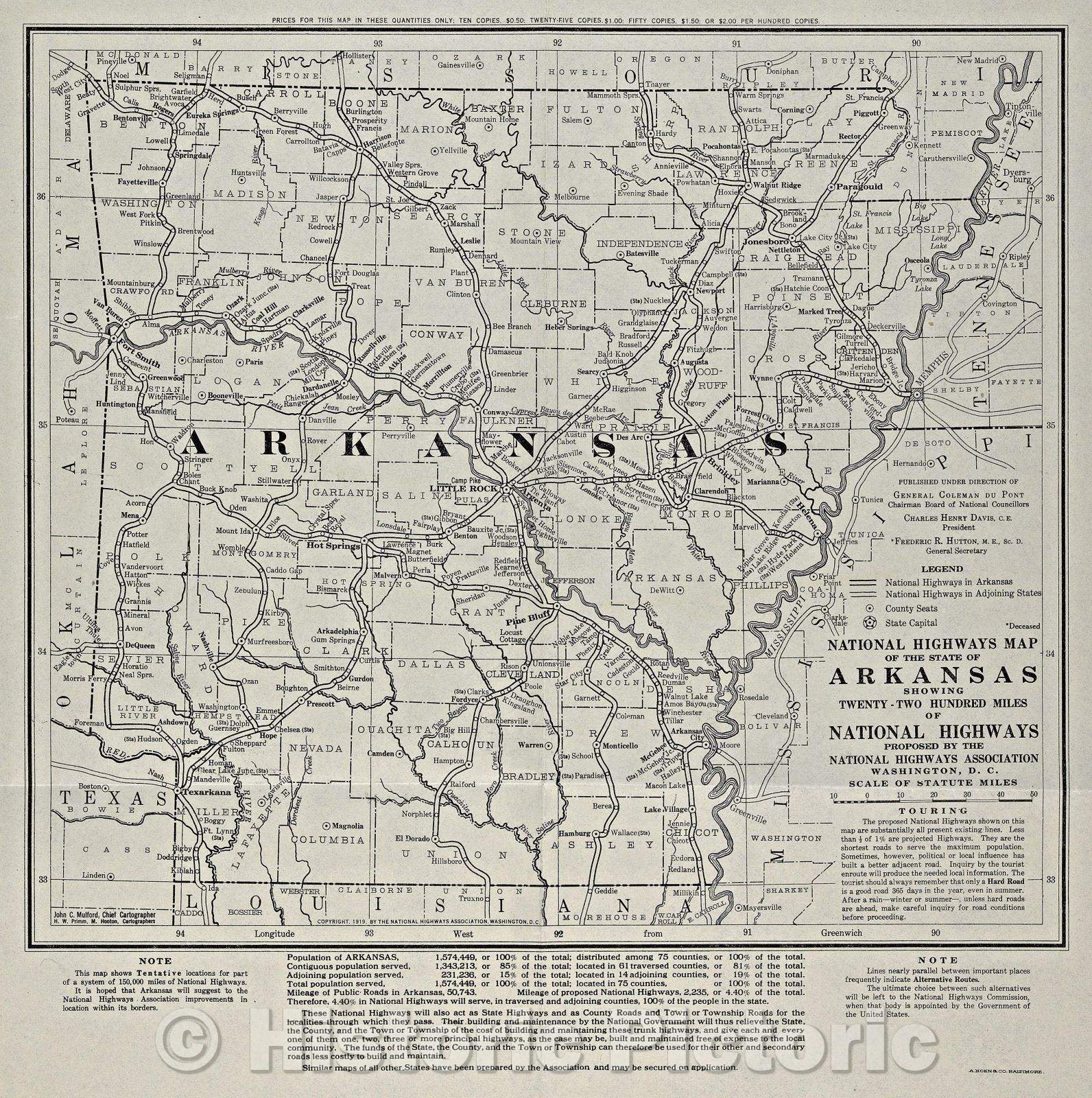Historic Map : National Highways map of the state of Arkansas showing twenty-two hundred miles of national highways proposed by the National Highways Association, 1919 , Vintage Wall Art
