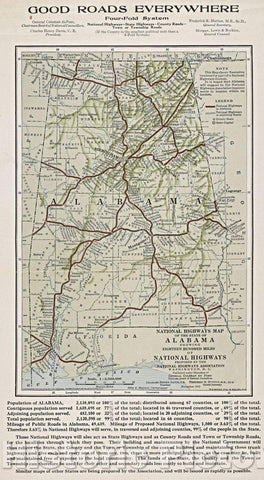 Historic Map : National Highways map of the State of Alabama showing eighteen hundred miles of national highways proposed by the National Highways Association, 1915 , Vintage Wall Art