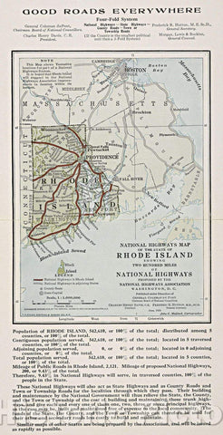 Historic Map : National highways map of the state of Rhode Island : showing two hundred miles of national highways proposed by the National Highways Association, 1915 , Vintage Wall Art