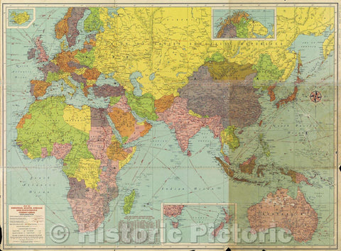 Historic Map : 1942 war map Asia and the world : shows important military bases ... bomber distances ... vital sea lanes and airways ... important railroads , 1942 , Vintage Wall Art