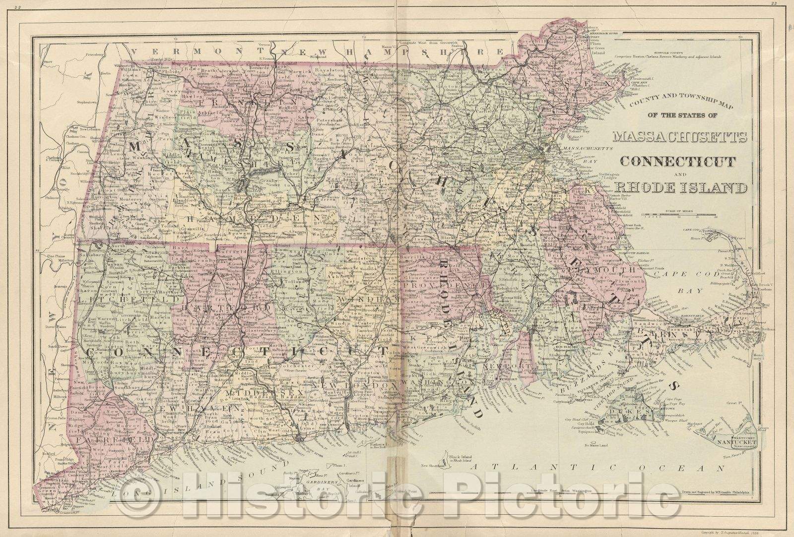 Historic Map : County and Township Map of the States of Massachusetts, Connecticut and Rhode Island, 1884 , Vintage Wall Art
