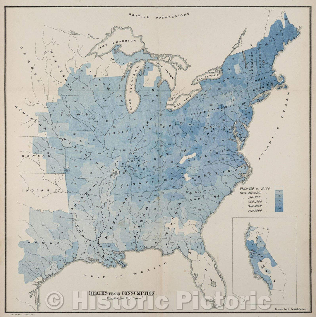 Historic Map : Deaths from Consumption. Compiled from U.S. Census., c. 1867 , Vintage Wall Art