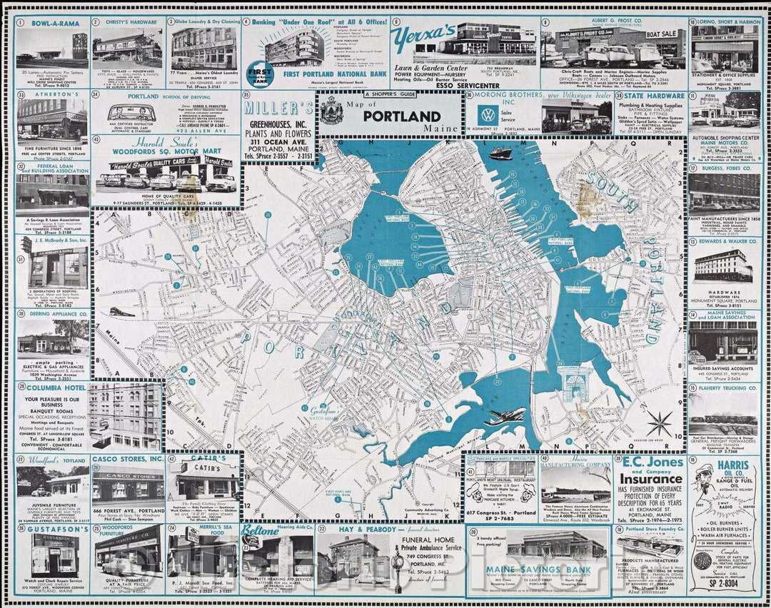 Historic Map : A Shopper's Guide Map of Portland, Maine, c. 1965 , Vintage Wall Art
