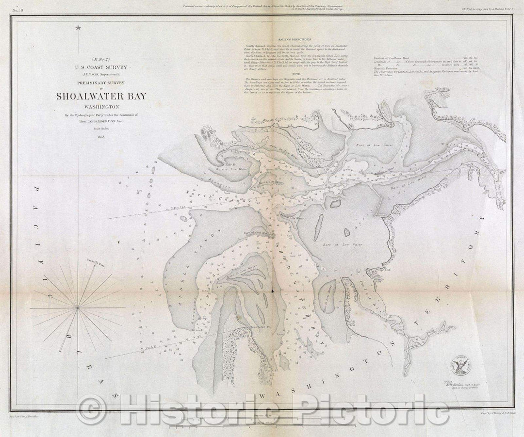 Historic Map : Preliminary Survey of Shoalwater Bay, 1853 , Vintage Wall Art
