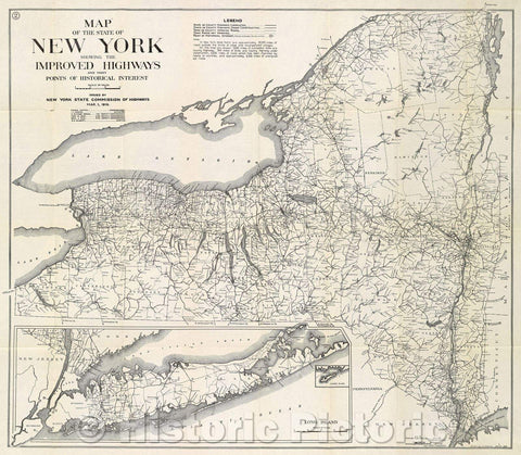 Historic Map : Map of the State of New York showing the Improved Highways and many Points of Historical Interest issued by the New York State Commission of Highways., 1919 , Vintage Wall Art