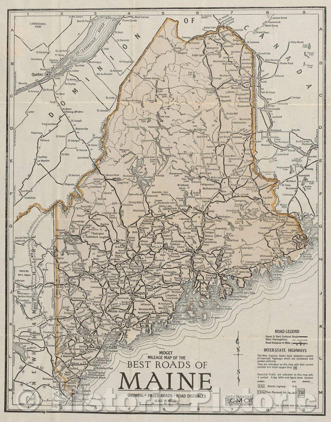 Historic Map : Midget mileage map of the best roads of Maine : showing paved roads, road distances, c. 1924 , Vintage Wall Art