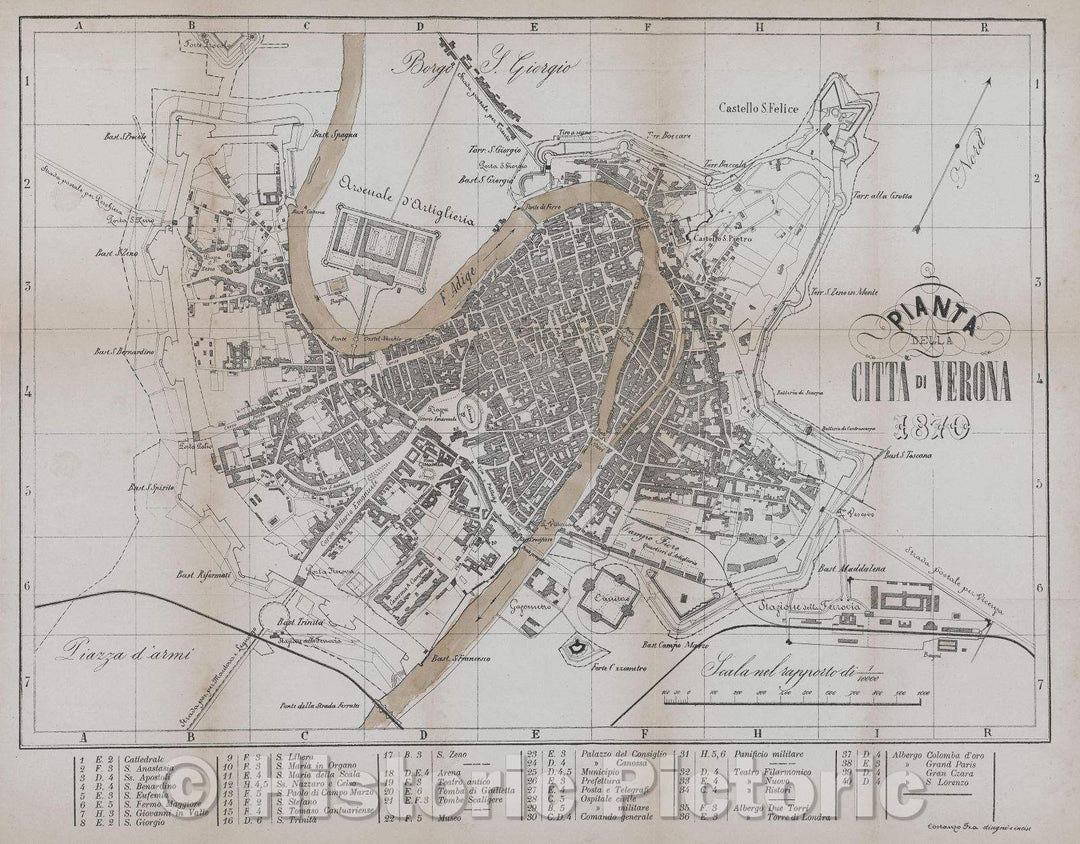 Historic Map : Pianta della Citta di Verona, 1870 , Vintage Wall Art
