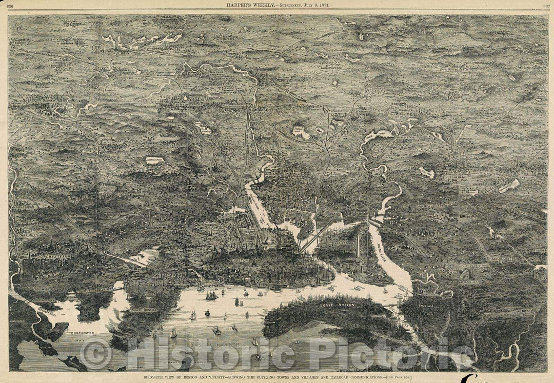 Historic Map : Bird's-Eye View of Boston and Vicinity--showing the outlying towns and villages and railroad communications Harper's Weekly Supplement, July 8, 1871, Vintage Wall Art