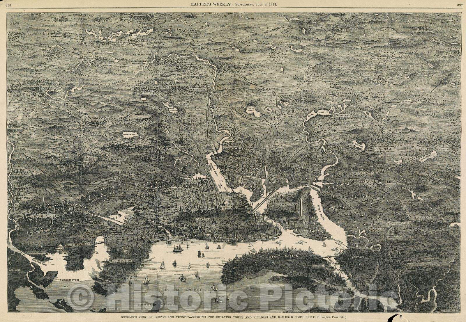 Historic Map : Bird's-Eye View of Boston and Vicinity--showing the outlying towns and villages and railroad communications Harper's Weekly Supplement, July 8, 1871, Vintage Wall Art