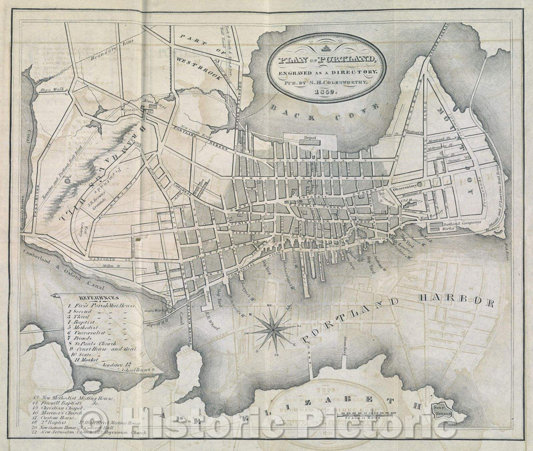 Historic Map : The Portland Directory and Reference Book for 1852-53 by S.B. Beckett, Vintage Wall Art