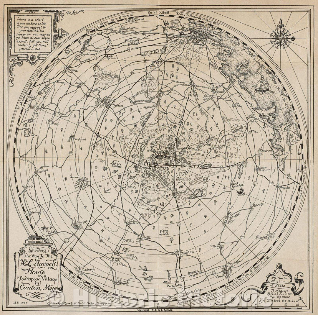 Historic Map : Showing the Way to the W. L. Aycock House, Canton, Mass., Vintage Wall Art
