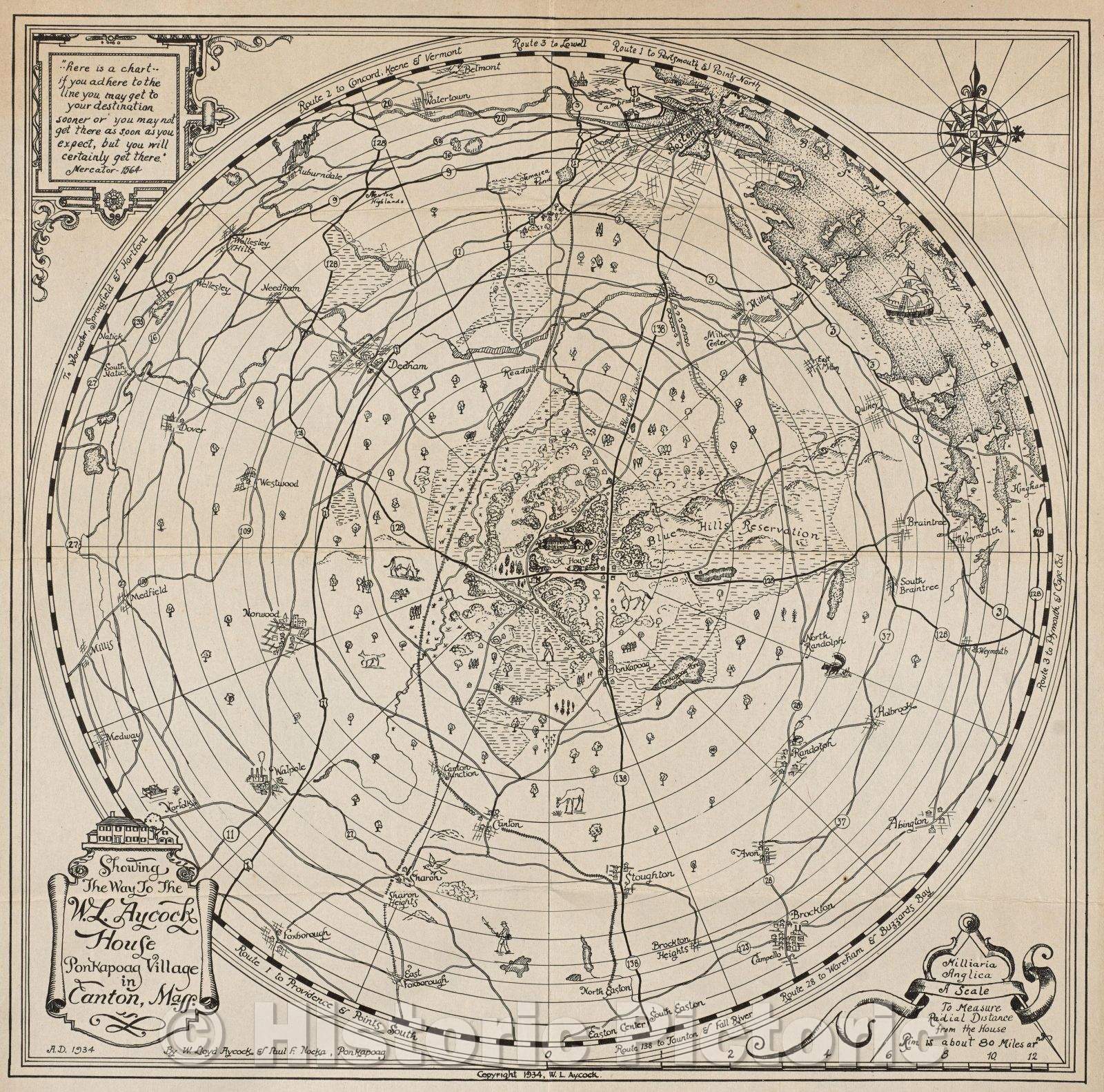 Historic Map : Showing the Way to the W. L. Aycock House, Canton, Mass., Vintage Wall Art