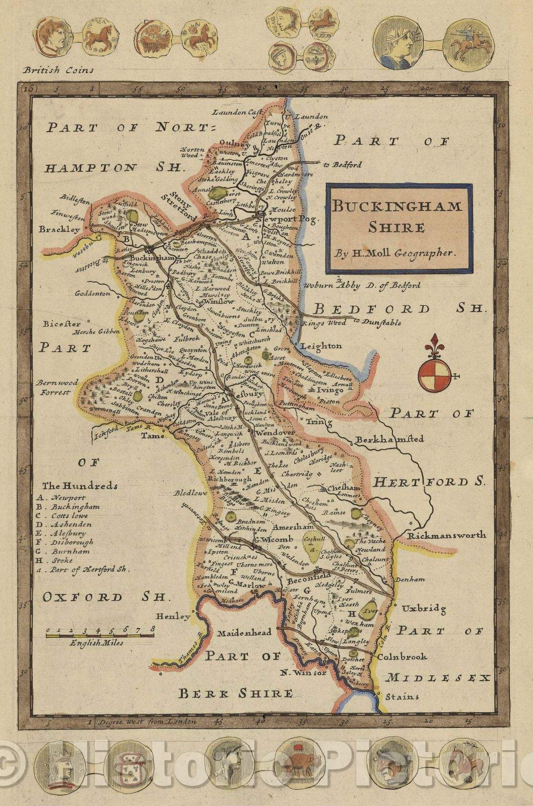 Historic Map : Buckingham Shire, 1727 , Vintage Wall Art