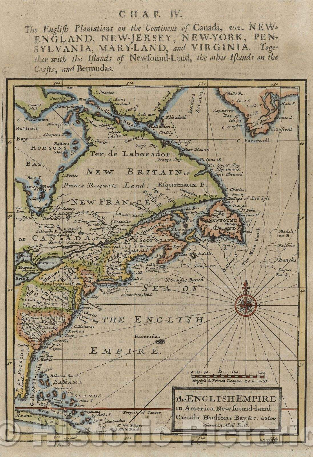 Historic Map : The English Empire in America, Newfound-land, Canada, Hudsons Bay, andc. in Plano, 1701 , Vintage Wall Art