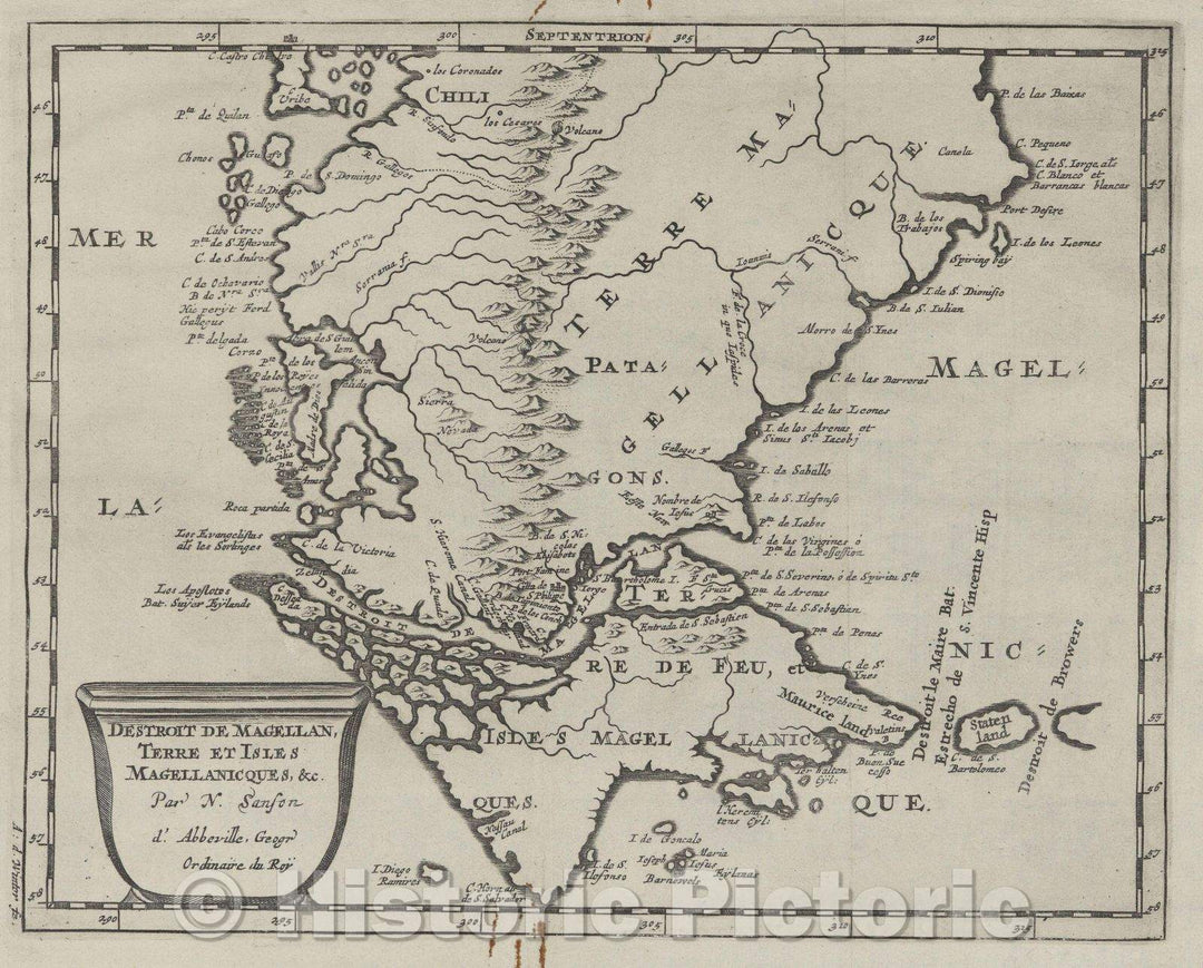Historic Map : Destroit de Magellan, Terre et Isles Magellanicques, and c. par N. Sanson d'Abbeville, Geogr. Ordinaire du Roy, 1703 , Vintage Wall Art