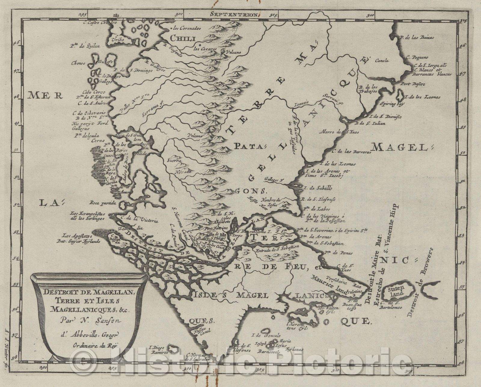 Historic Map : Destroit de Magellan, Terre et Isles Magellanicques, and c. par N. Sanson d'Abbeville, Geogr. Ordinaire du Roy, 1703 , Vintage Wall Art