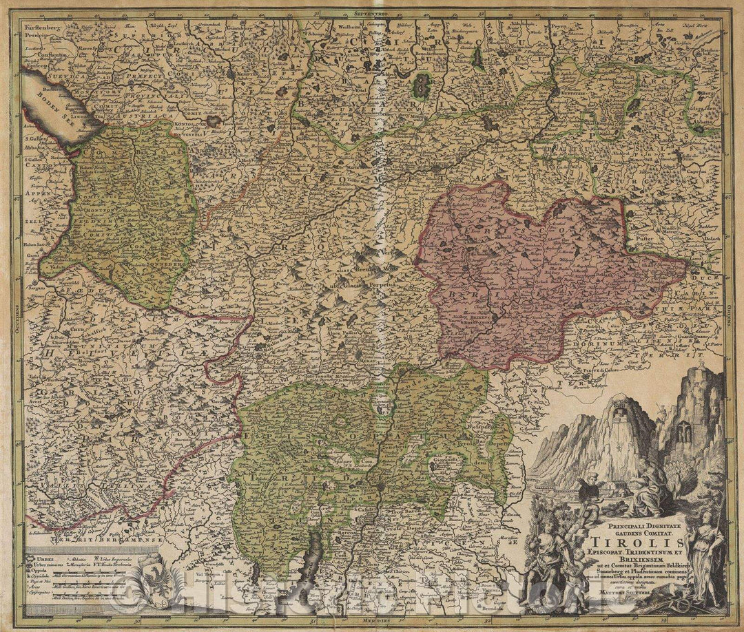 Historic Map : Principali Dignitate Gaudens Comitat Tirolis Episcopat. Tridentinium et Brixiensem ut et Comitat Brigantinum, Feldkirch, 1731 , Vintage Wall Art