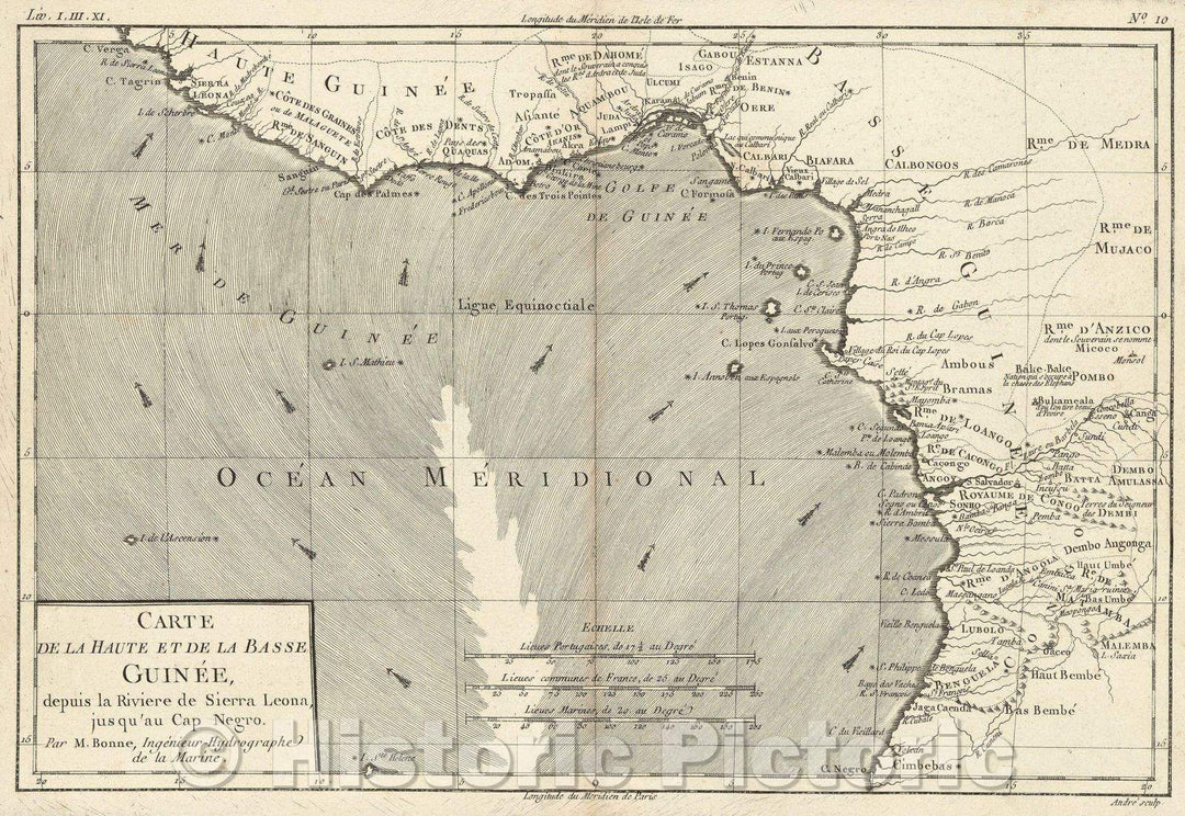 Historic Map : Carte de la Haute et de la Basse Guine?e depuis la Riviere de Sierra Leona, jusqu?au Cap Negro par M. Bonne, Inge?nieur-Hydrographe de la Marine., 1780 , Vintage Wall Art