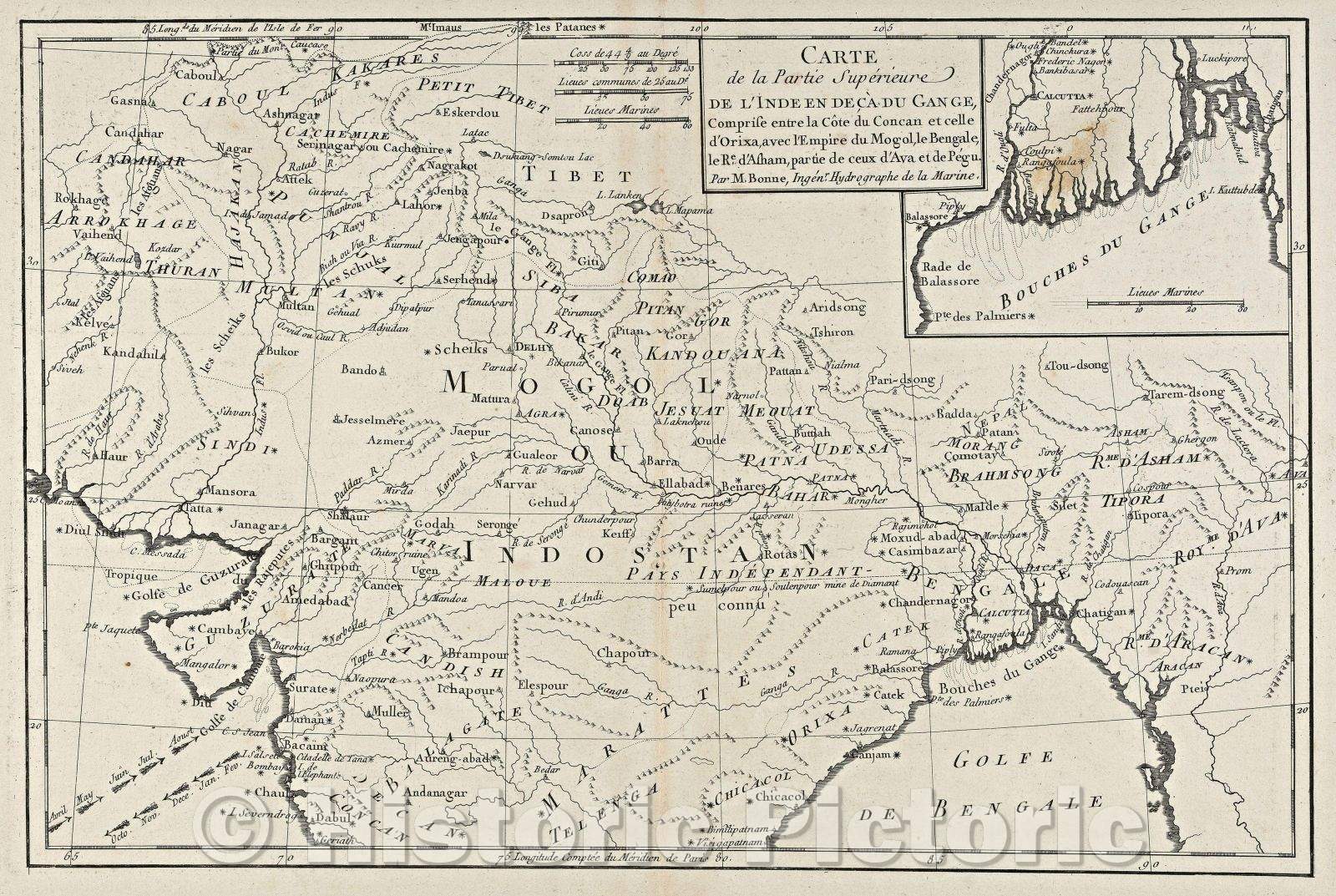 Historic Map : Carte de la Partie Supe?rieure de l'Inde en dec?a du Gange comprise entre la Co?te du Concan et celle d'Orixa, avec l'Empire du Mogol, le Bengale, 1780 , Vintage Wall Art