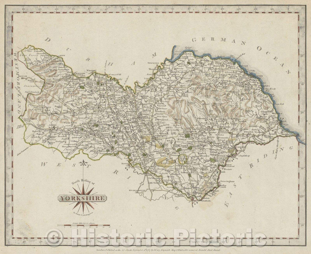 Historic Map : North Riding of Yorkshire by John Cary, engraver, 1787 , Vintage Wall Art