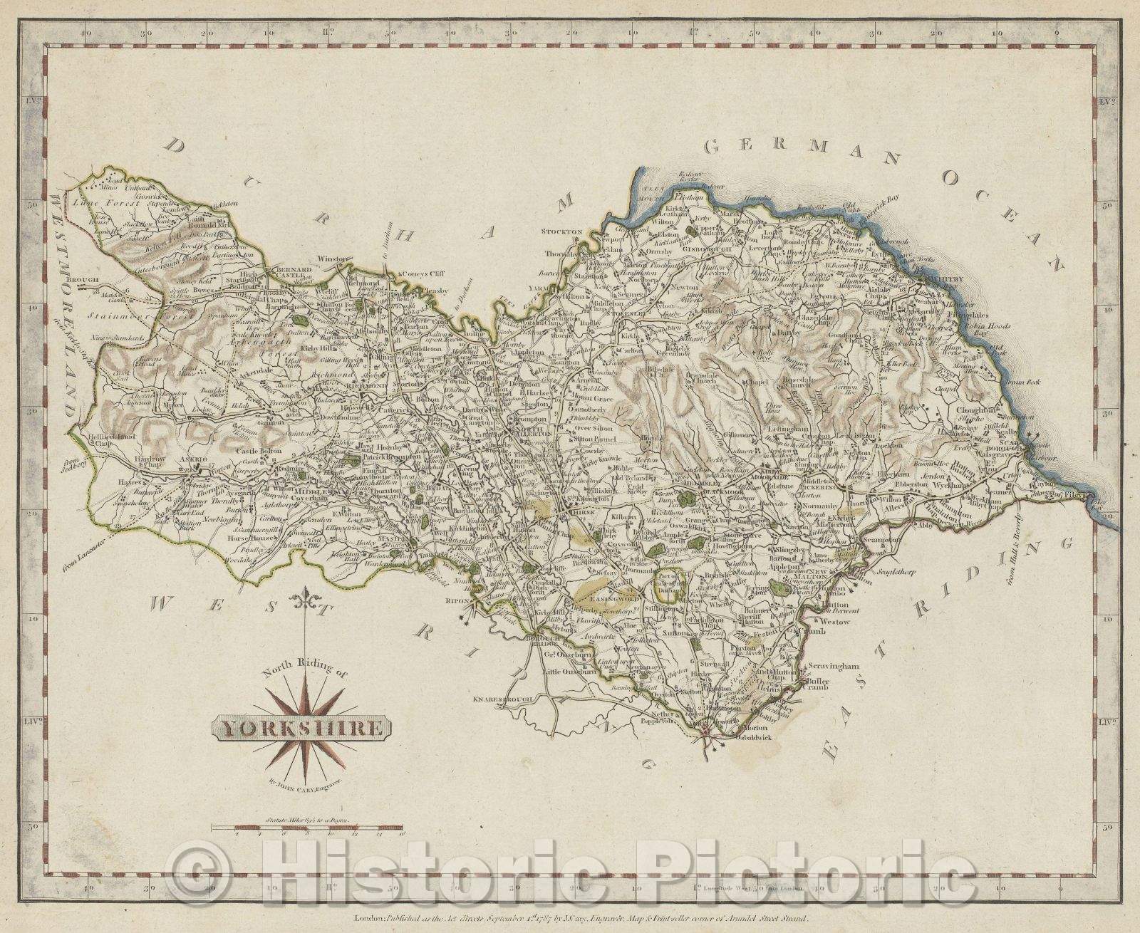 Historic Map : North Riding of Yorkshire by John Cary, engraver, 1787 , Vintage Wall Art