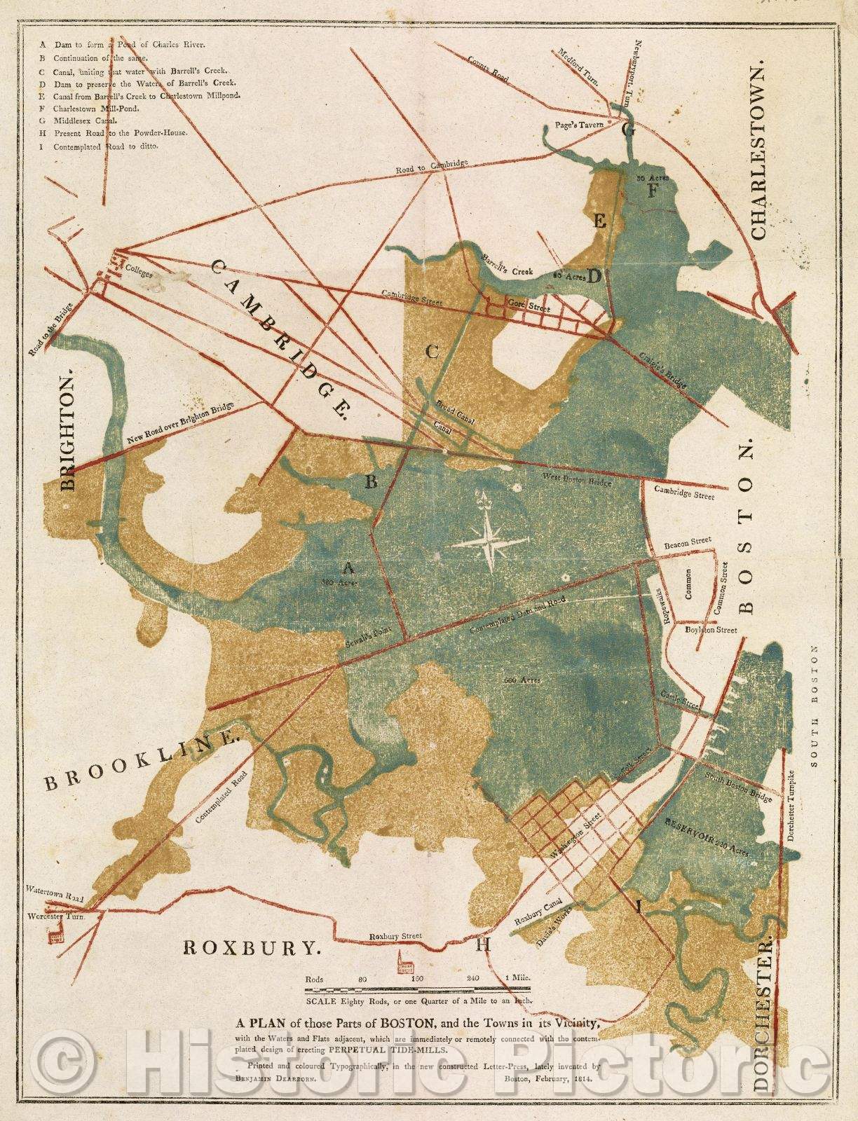 Historic Map : A Plan of those Parts of Boston and the Towns in its Vicinity, with the Waters and Flats adjacent , 1814 , Vintage Wall Art