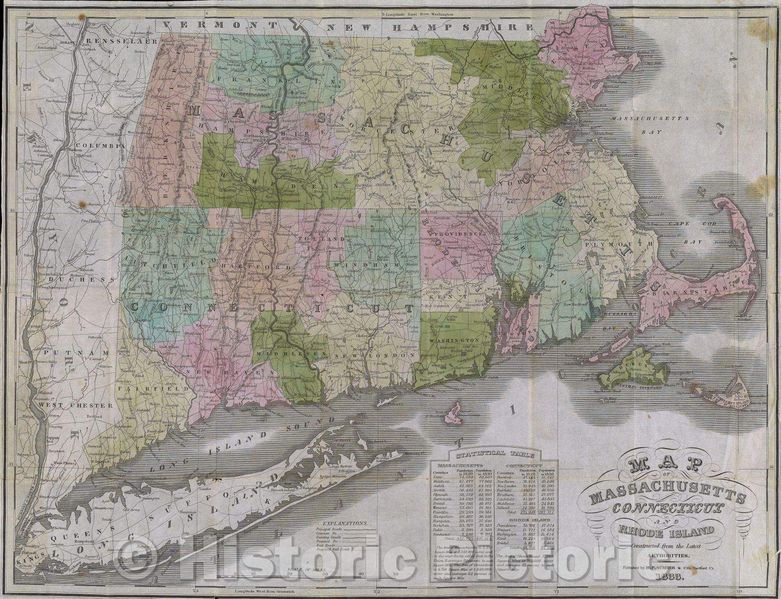 Historic Map : Map of Massachusetts, Connecticut and Rhode Island : constructed from the latest authorities published by H.F. Sumner and Co, 1833 , Vintage Wall Art