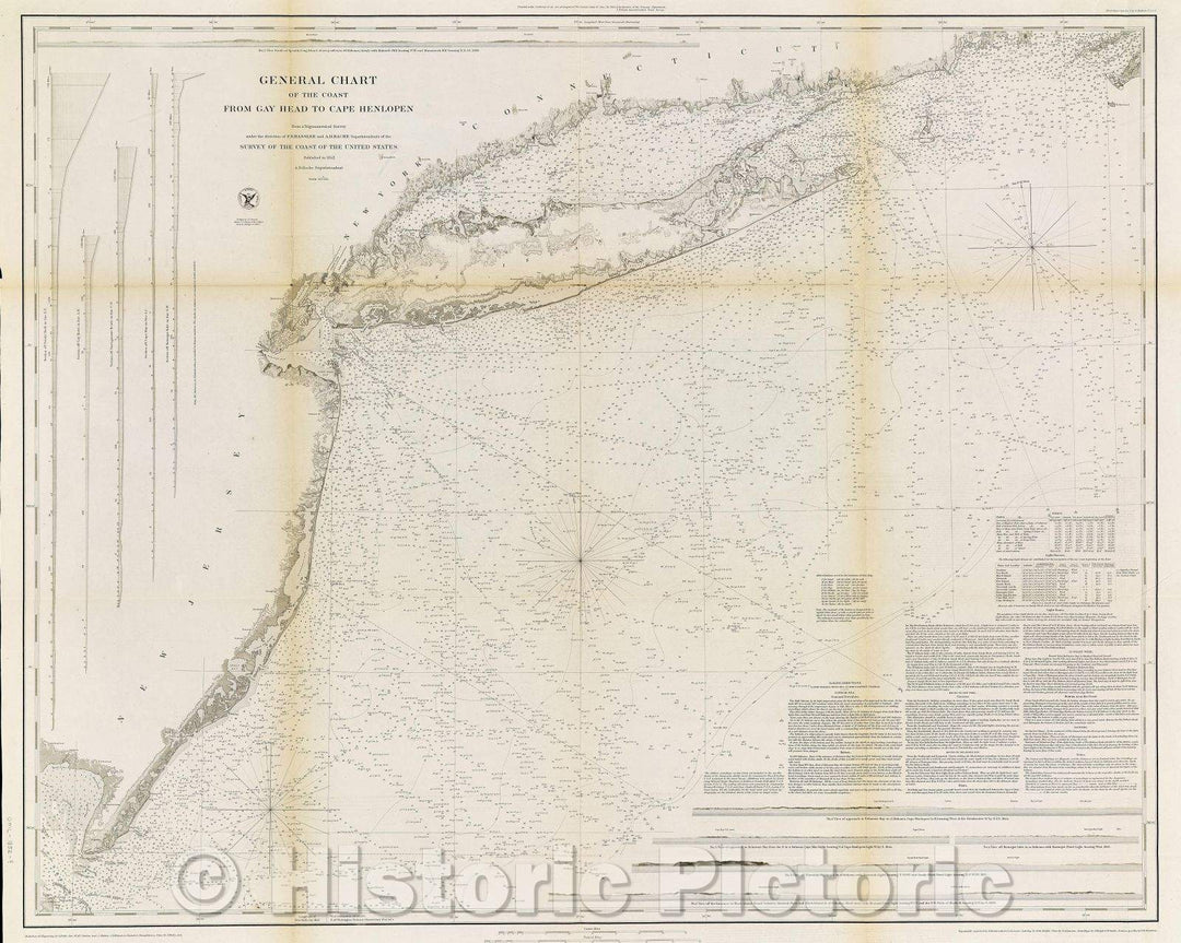 Historic Map : General Chart of the Coast from Gay Head to Cape Henlopen : From a Trigonometrical Survey, 1852 , Vintage Wall Art