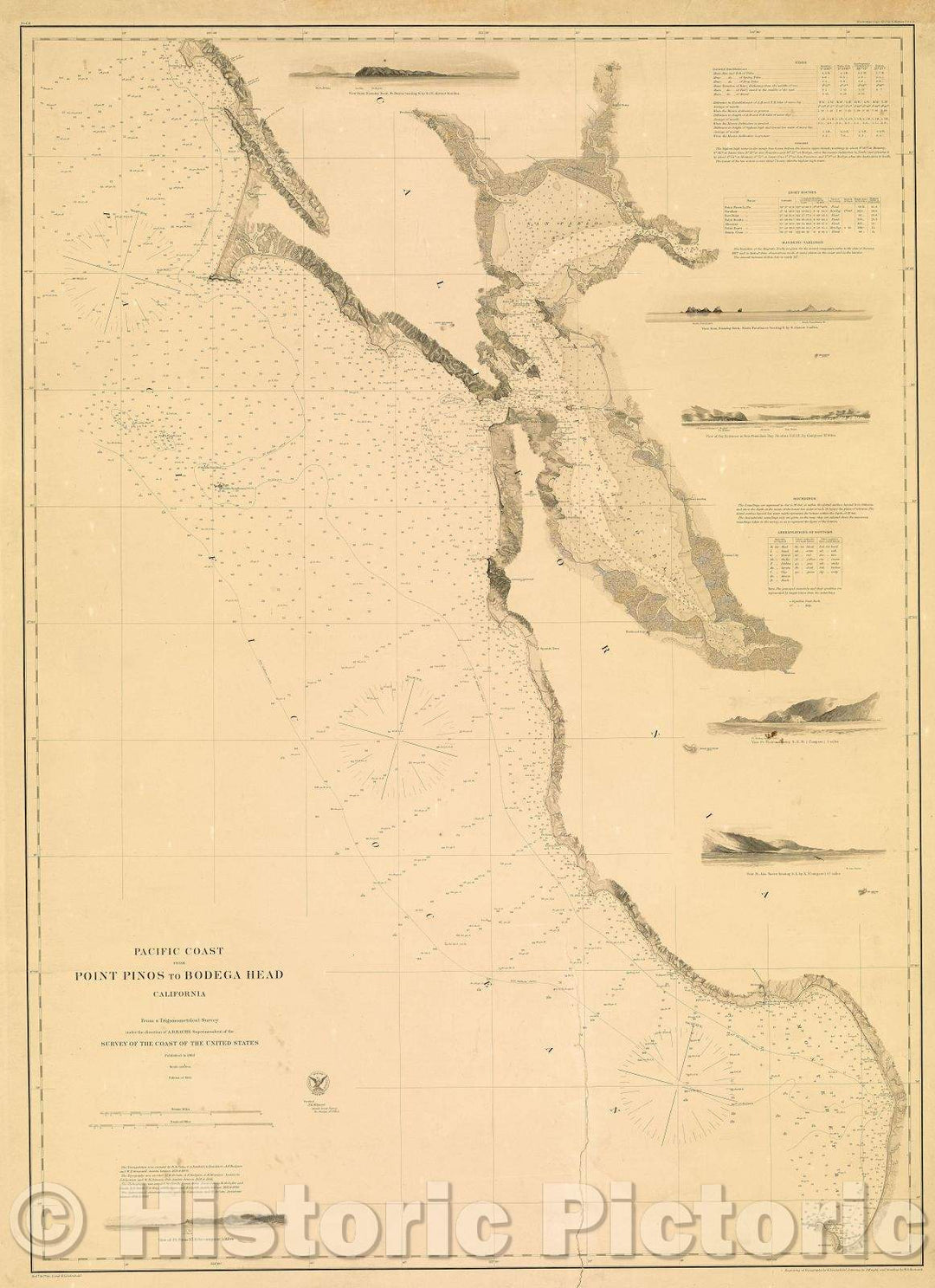 Historic Map : Pacific Coast from Point Pinos to Bodega Head, California from a trigonometrical survey, 1866 , Vintage Wall Art