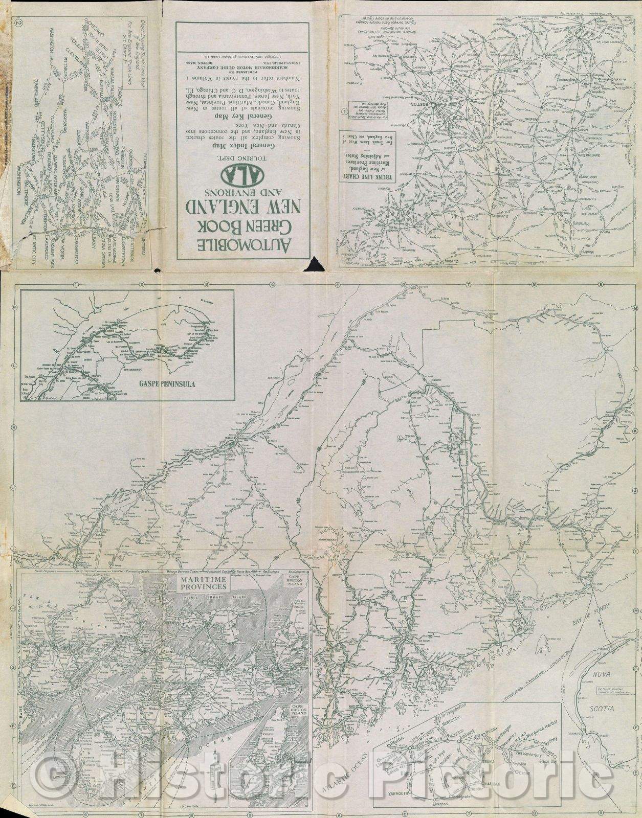 Historic Map : New England and Environs ALA Touring Dept., 1927 , Vintage Wall Art
