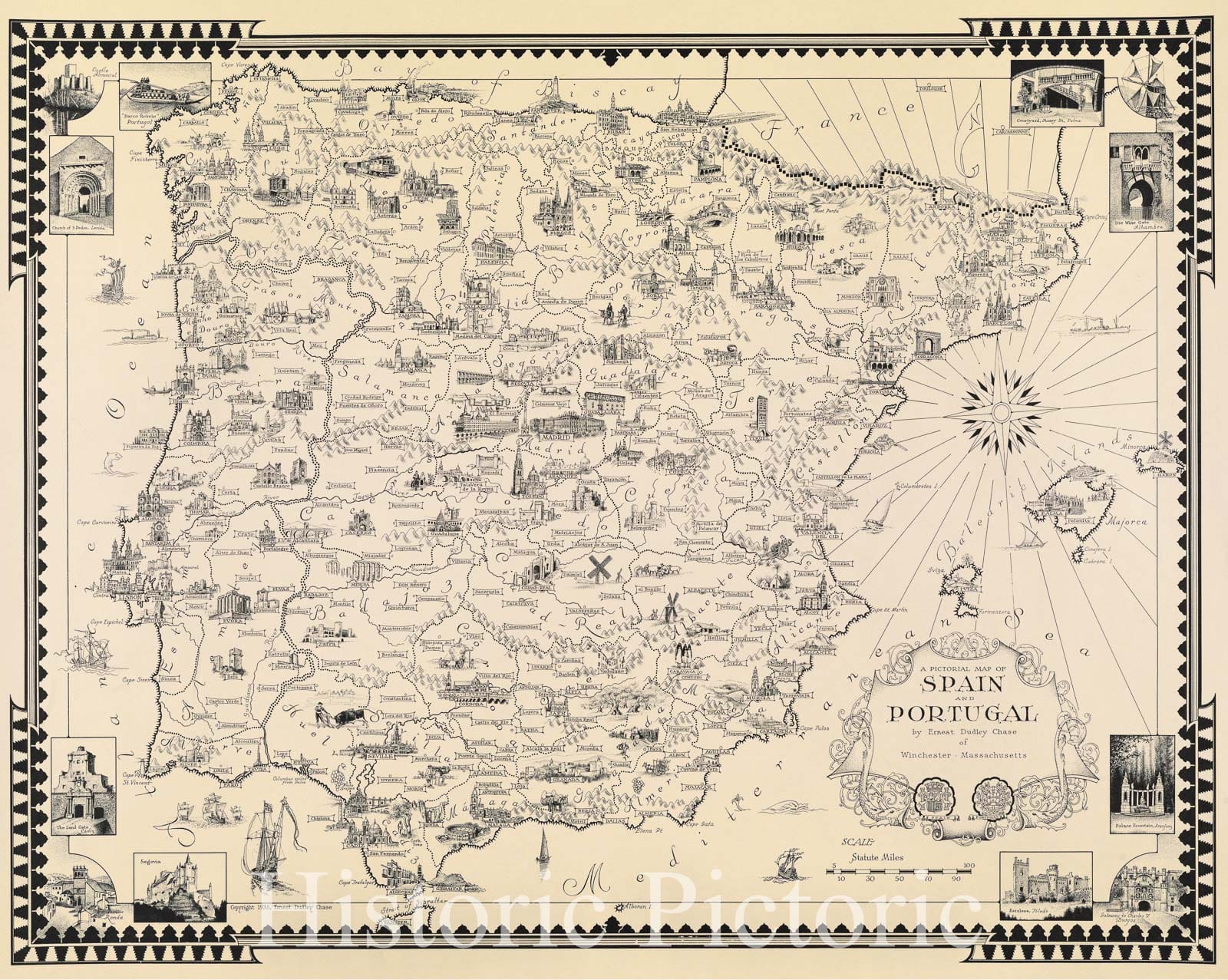 Historic Map : A Pictorial Map of Spain and Portugal by Ernest Dudley Chase of Winchester Massachusetts, 1935 , Vintage Wall Art
