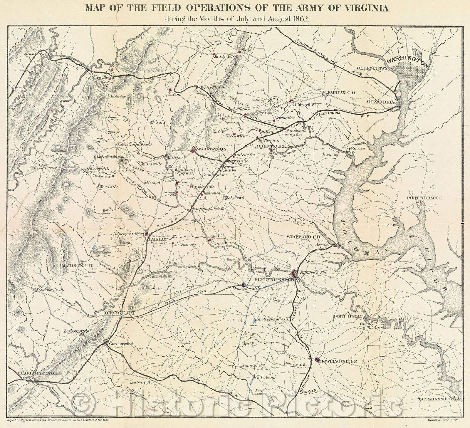 Historic Map : Map of the Field Operations of the Army of Virginia during the months of July and August 1862, 1866 , Vintage Wall Art
