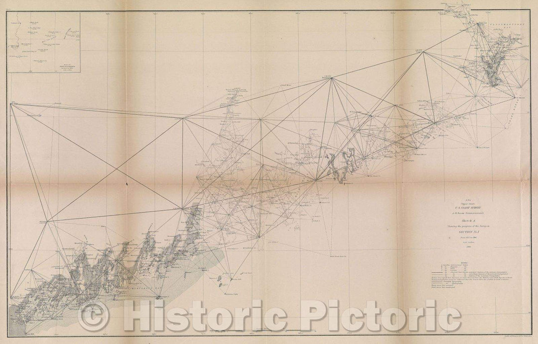 Historic Map : U.S. Coast Survey, A. D. Bache, Sketch A Showing the progress of the Survey in Section no. 1 from 1852-1866, 1866 , Vintage Wall Art