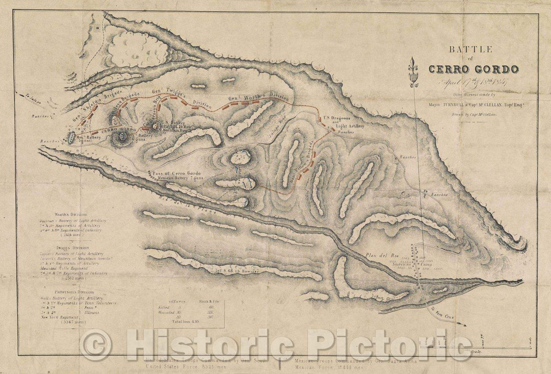 Historic Map : Battle of Cerro Gordo, April 17th and 18th, 1847 from surveys made by Major Turnbull and Capt. McCllelan, Topl., 1847 , Vintage Wall Art