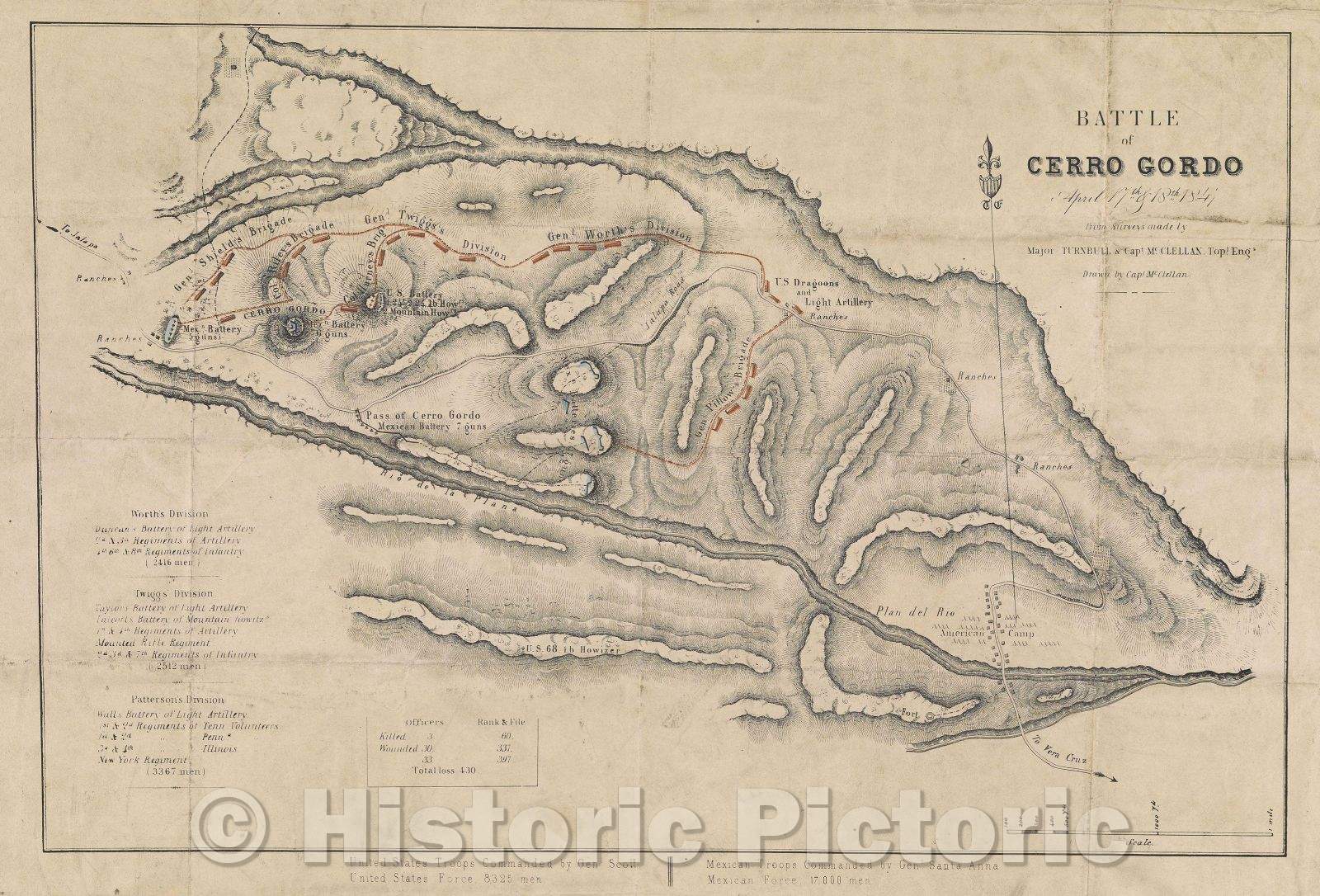 Historic Map : Battle of Cerro Gordo, April 17th and 18th, 1847 from surveys made by Major Turnbull and Capt. McCllelan, Topl., 1847 , Vintage Wall Art