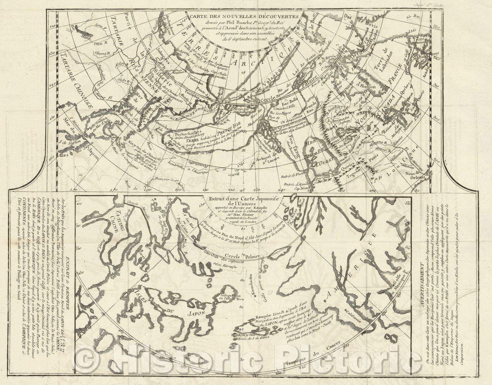 Historic Map : Carte des Nouvelles Decouvertes  dressee par Phil. Buache... Extrait d'une carte Japonoise de l'Univers, c. 1762 , Vintage Wall Art