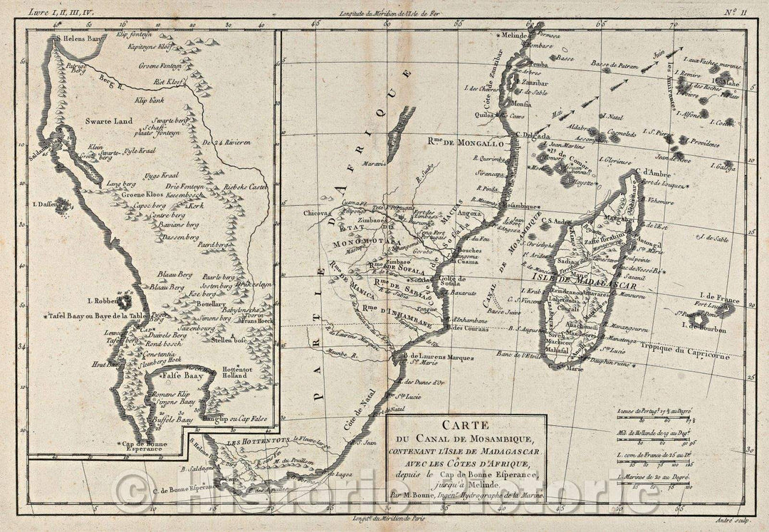 Historic Map : Carte du Canal de Mosambique contenant l'isle de Madagascar avec les Cotes d'Afrique depuis le Cap de Bonne Esperance jusqu'a melinde., 1780 , Vintage Wall Art