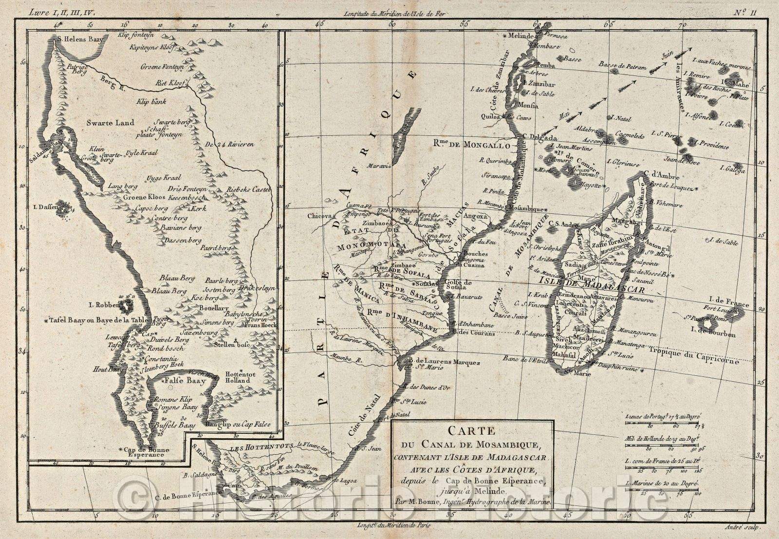 Historic Map : Carte du Canal de Mosambique contenant l'isle de Madagascar avec les Cotes d'Afrique depuis le Cap de Bonne Esperance jusqu'a melinde., 1780 , Vintage Wall Art