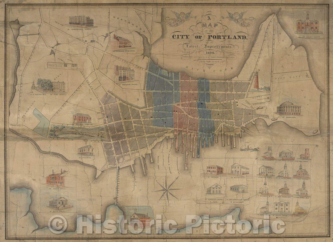 Historic Map : A Map of the City of Portland with its Latest Improvements including a view of the principal buildings engraved and published by John Cullum, Portland, 1836 , Vintage Wall Art , v2