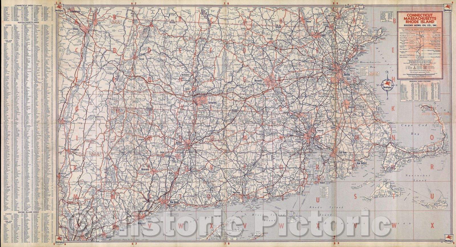 Historic Map : Connecticut, Massachusetts, Rhode Island  Socony Mobil Oil Co., Inc., 1957 , Vintage Wall Art