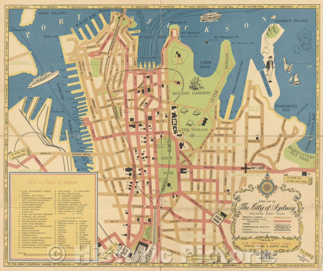Historic Map : Guide Map to the City of Sydney including Kings Cross, 1957 , Vintage Wall Art