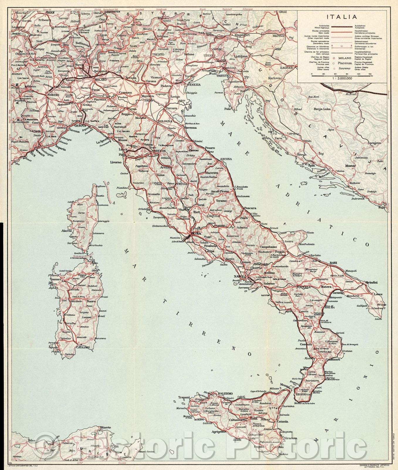 Historic Map : Italia, c. 1950 , Vintage Wall Art