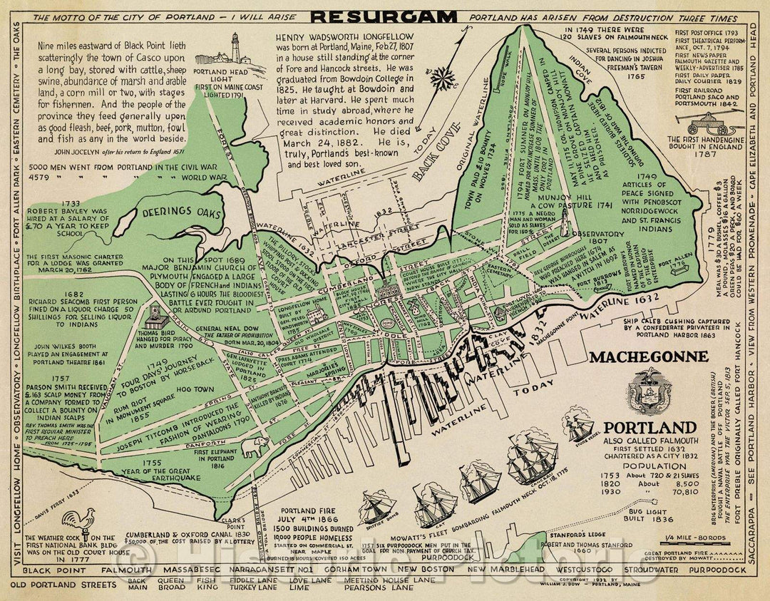 Historic Map : Portland also called Falmouth first settled 1632 chartered as a city 1832, 1932 , Vintage Wall Art