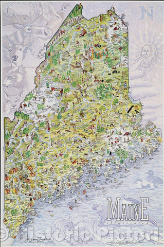 Historic Map : Maine Illustrated, 1988 , Vintage Wall Art