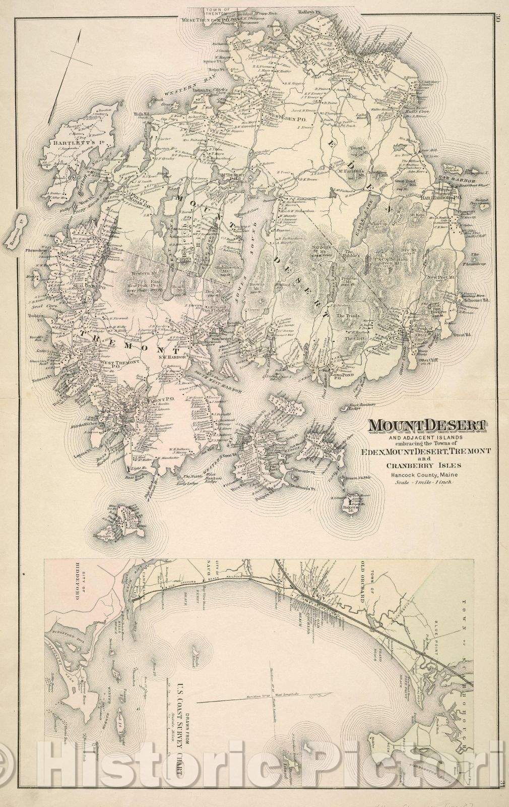 Historic Map : Mount Desert and Adjacent Islands, 1884 , Vintage Wall Art